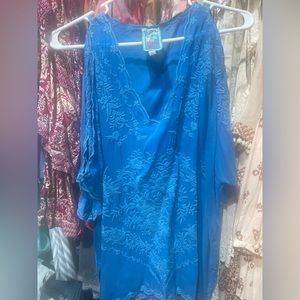 JOHNNY WAS KELLY COLD SHOULDER EMBROIDERED BLOUSE TOP BLUE SIZE MEDIUM